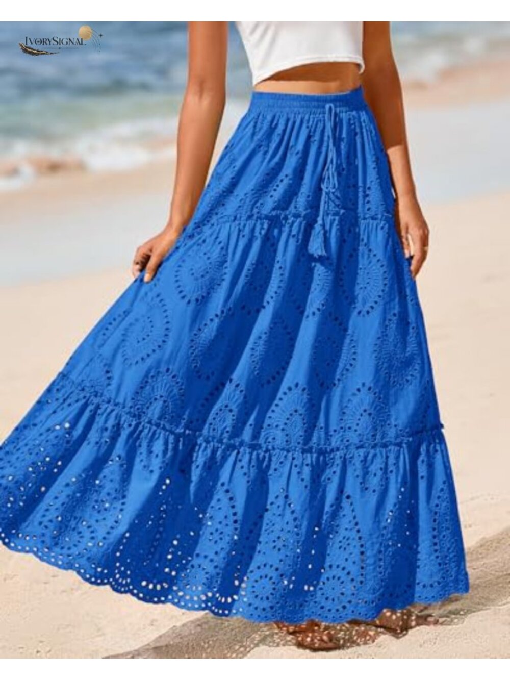 Eyelet Embroidered Maxi Skirt Elastic Waist Flowy A-Line Vacation - Picture 5 of 6